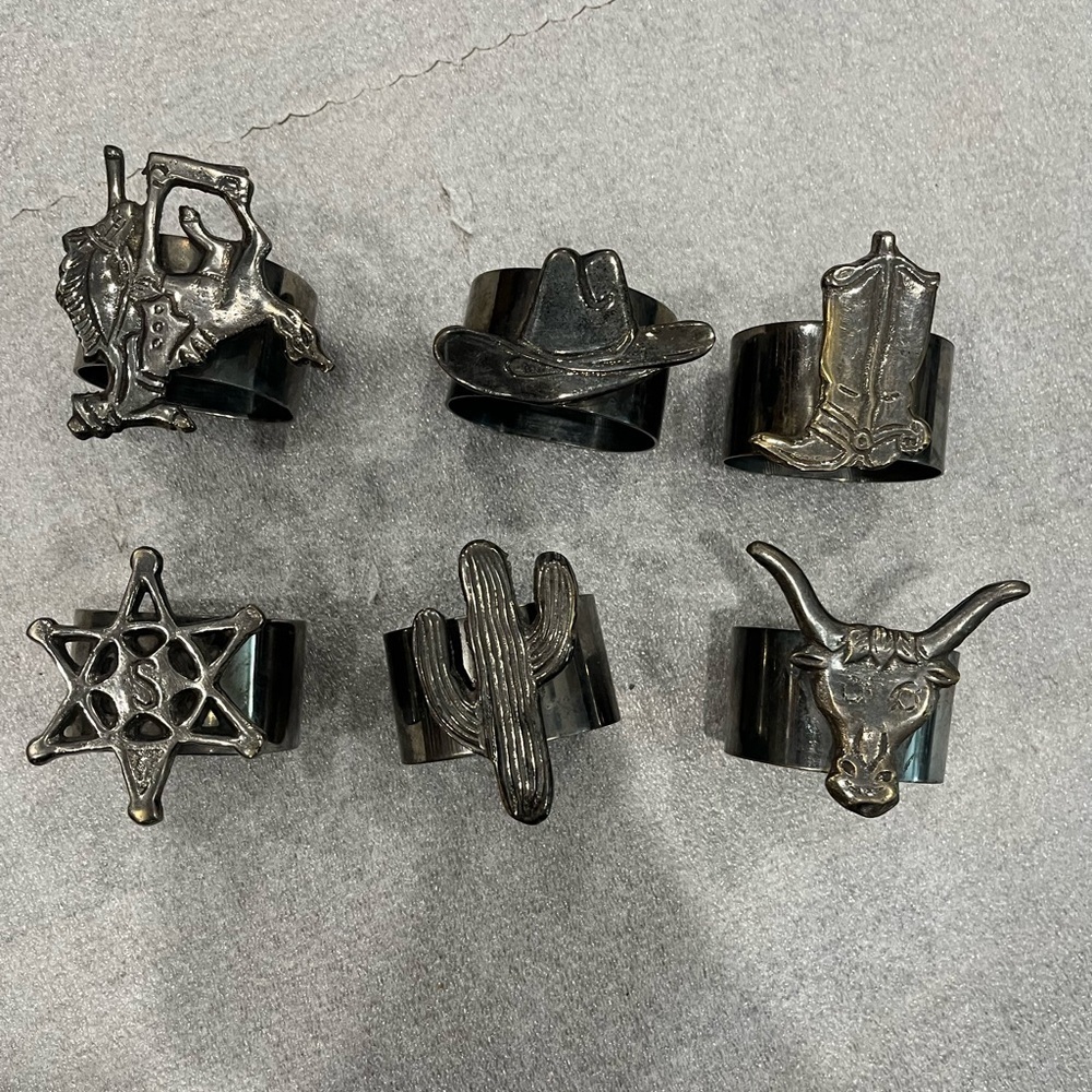 Western Themed Silver toned Napkins Rings Set of 6